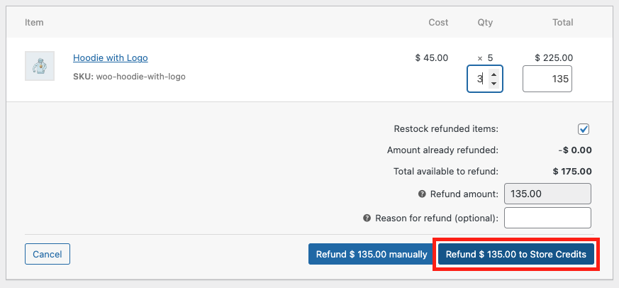 WooCommerce order, where a refund as store credits option is available. 