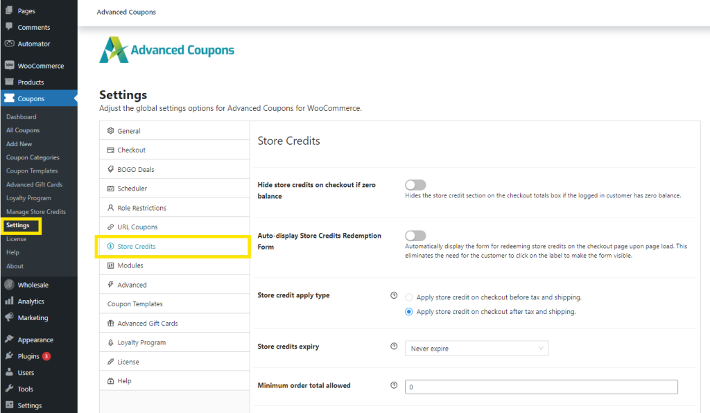 The Store Credits settings page in WooCommerce