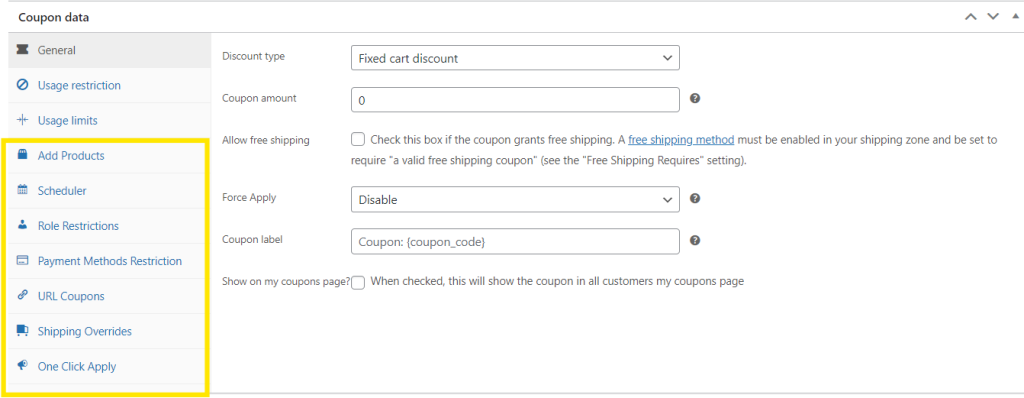 Advanced Coupons additional coupon tabs in WooCommerce 