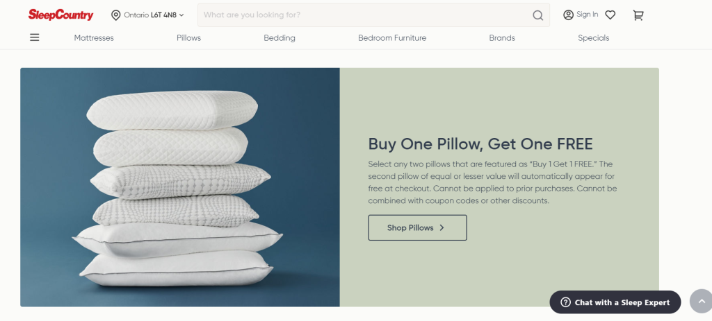 Sleep Country's BOGO offer for pillows