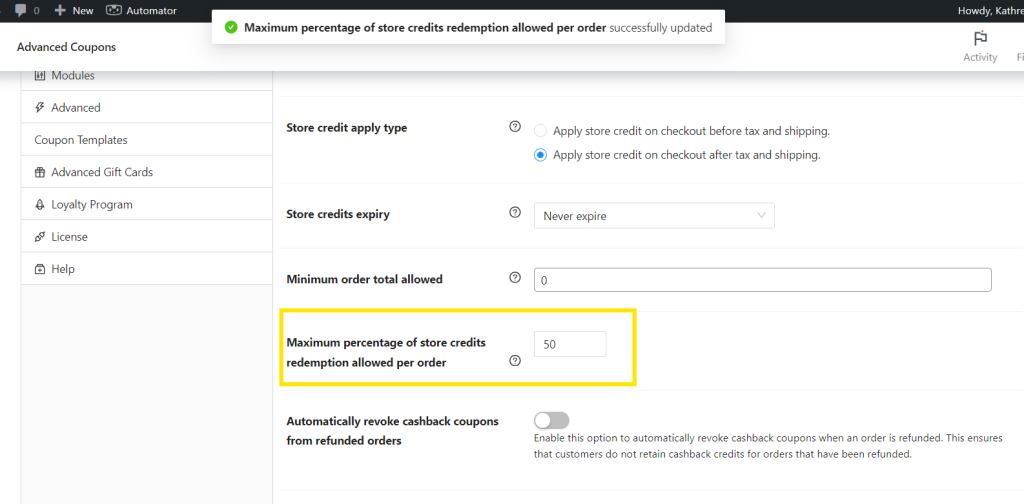 Store credits settings dashboard, featuring the option to set maximum store credit limits