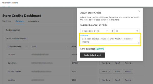 Store Charge Balance Example New Feature! Add Store Credit Note Using Advanced Coupons