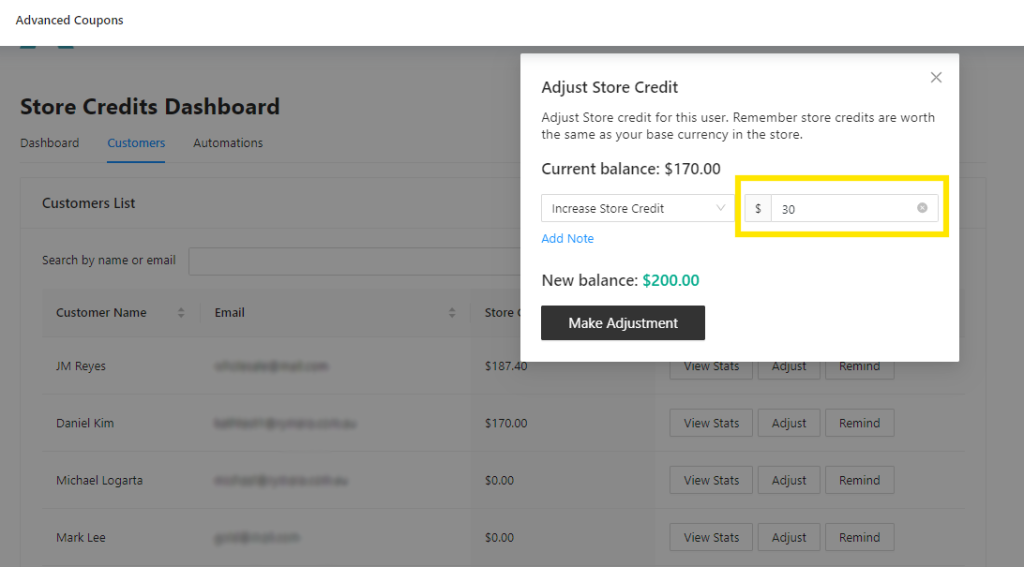 Advanced Coupons' Adjust Store Credit option 