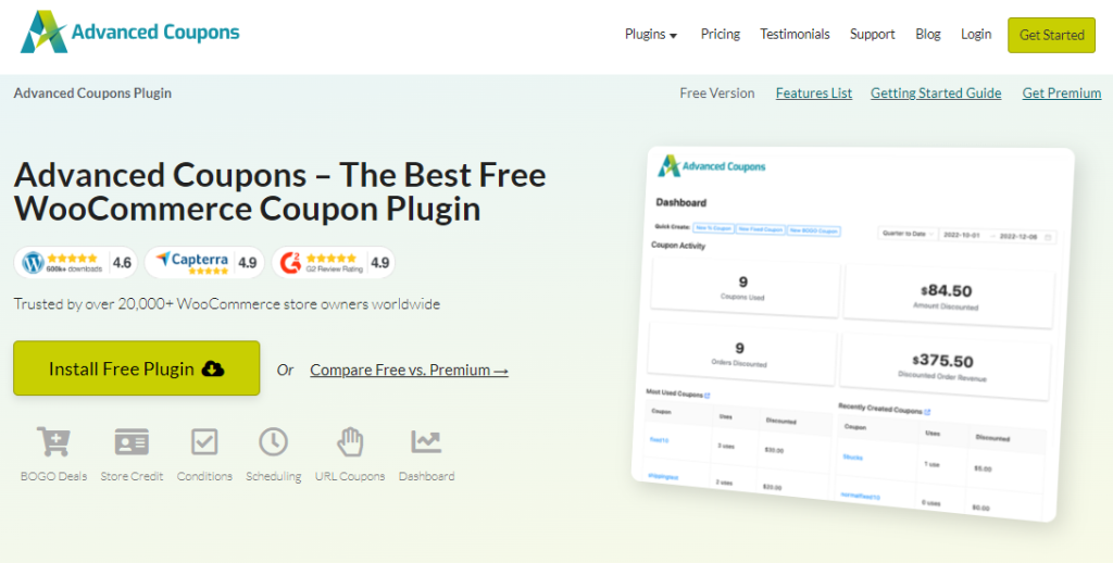 Advanced Coupons Free Plugin landing page, showcasing features like BOGO deals and store credits 