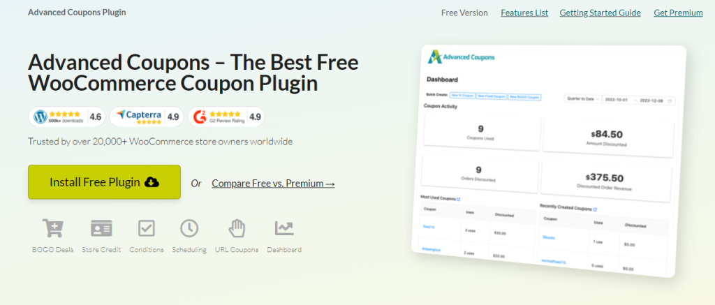 Advanced Coupons Free plugin landing page, showcasing features like BOGO deals, store credits, URL coupons and more. 