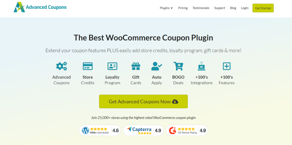 Advanced Coupons landing page, detailing features like BOGO deals, gift cards, store credits and more. 