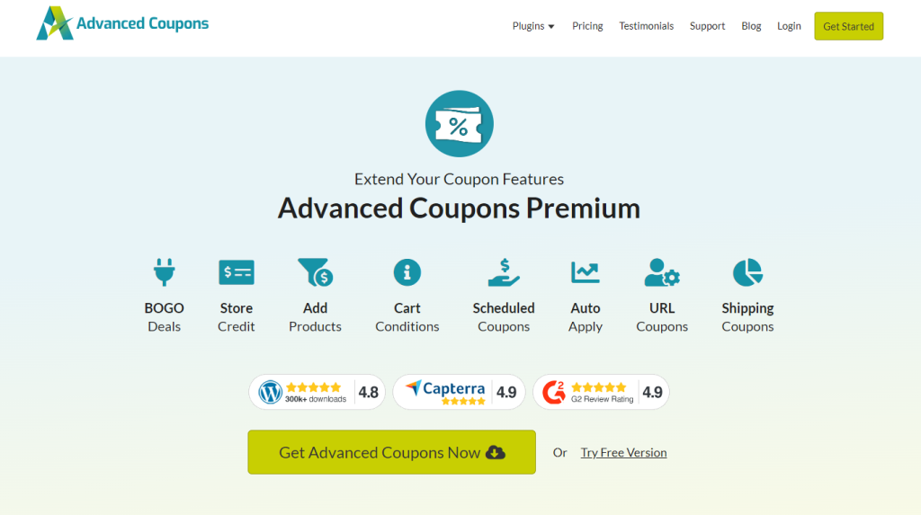 Advanced Coupons plugin page highlighting features like BOGO deals, scheduled coupons, and cart conditions