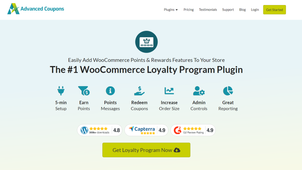 The WooCommerce Loyalty Program Plugin, showcasing features like 5 minute setup, pointing system, admin dashboard and more. 