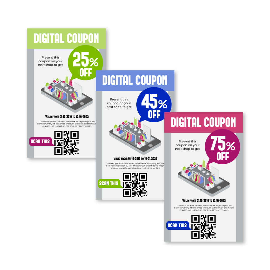 Sample digital QR code coupons with discounts. 