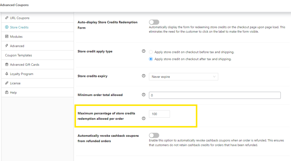 Store Credits settings dashboard, featuring the option to set a maximum store credit percentage