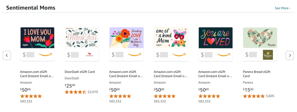 Mother's Day gift cards displayed on Amazon