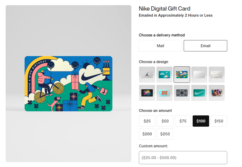 Digital gift cards in Nike's official website 