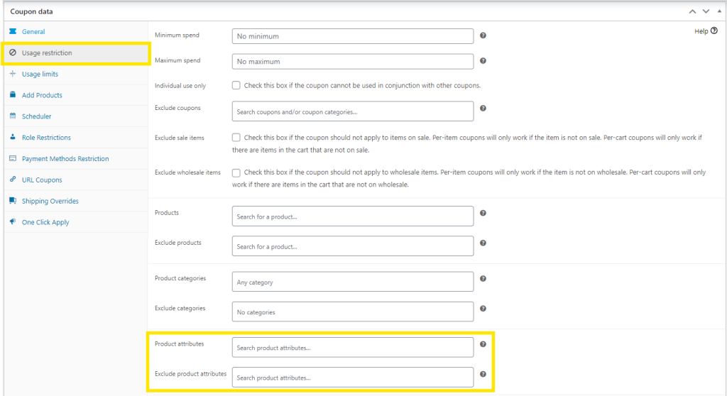 WooCommerce coupon restrictions tab