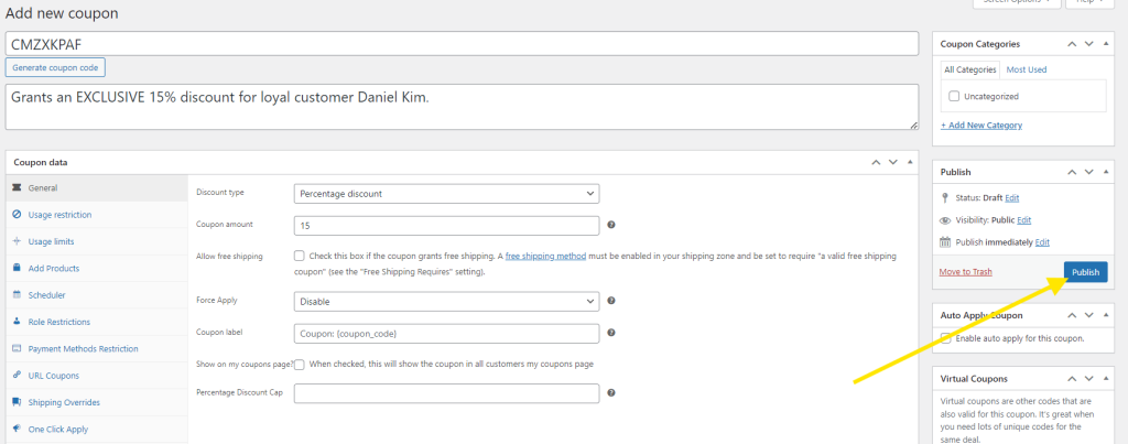 WooCommerce coupon settings with an arrow pointing to the publish coupon button