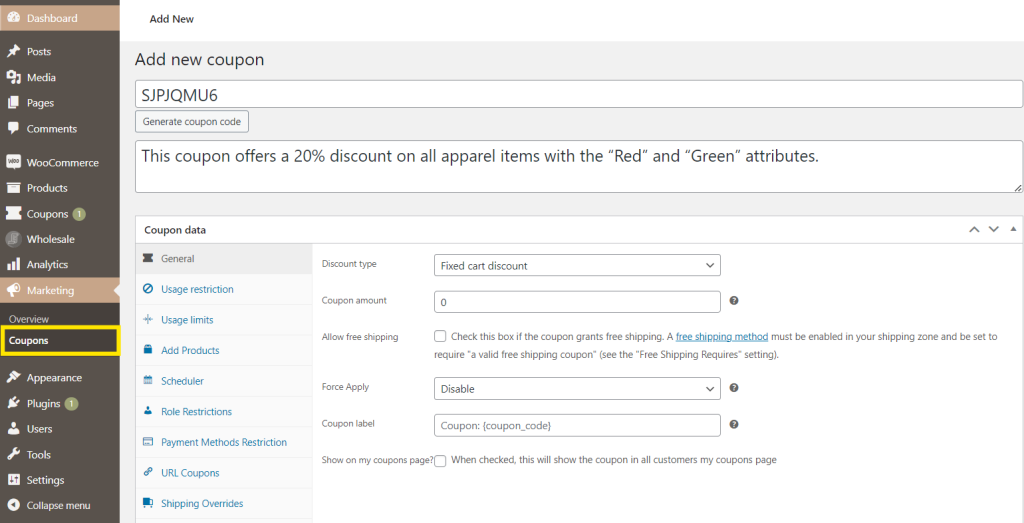 WooCommerce Add Coupon settings page