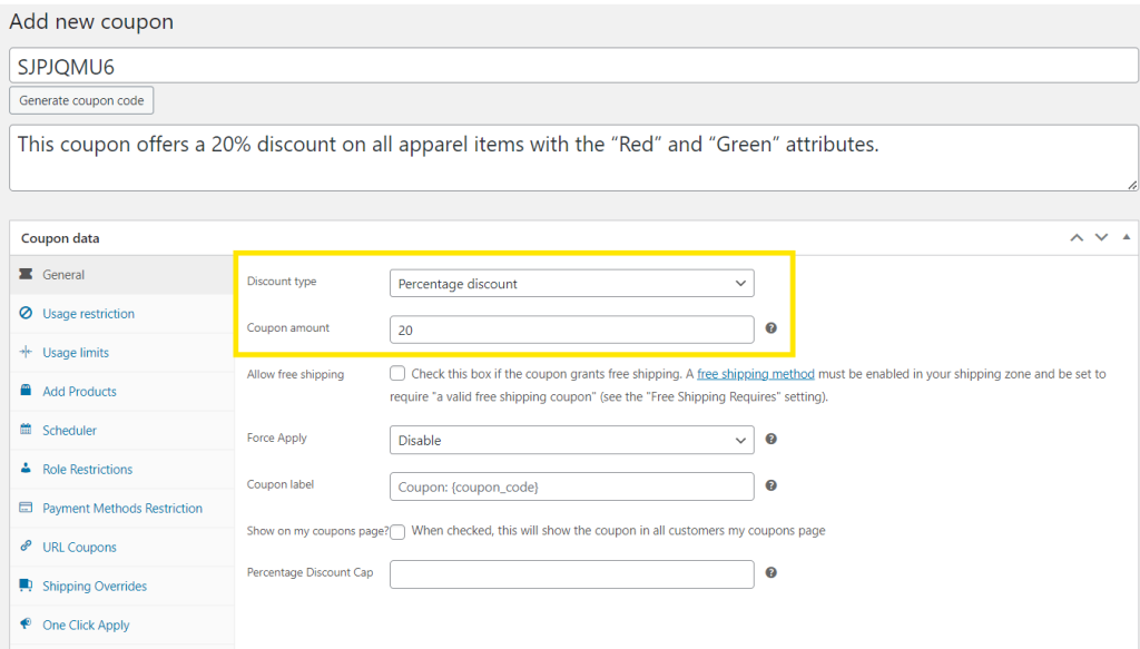 General coupon settings tab in WooCommerce 