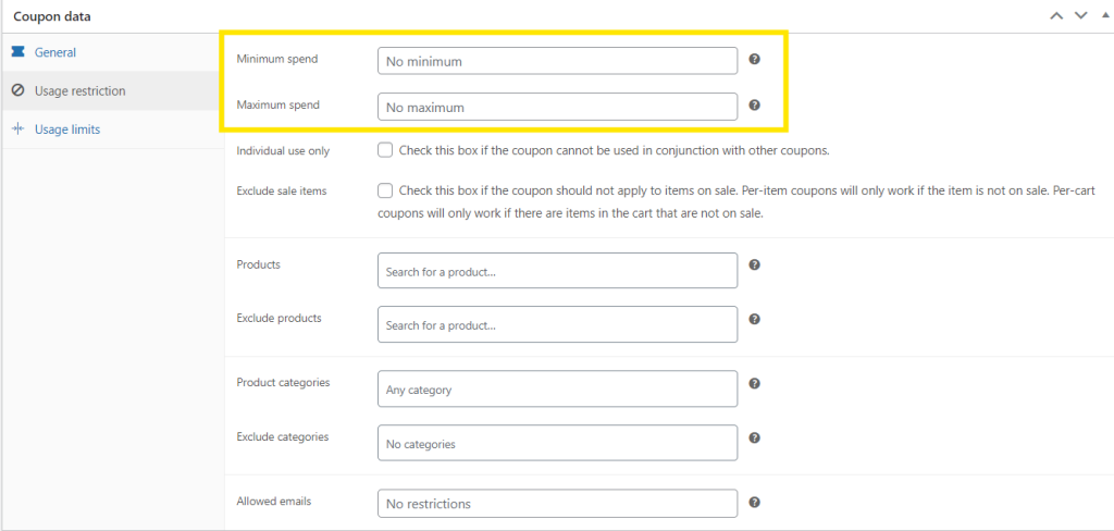 WooCommerce usage restriction tab, highlighting Minimum spend and Maximum spend settings. 