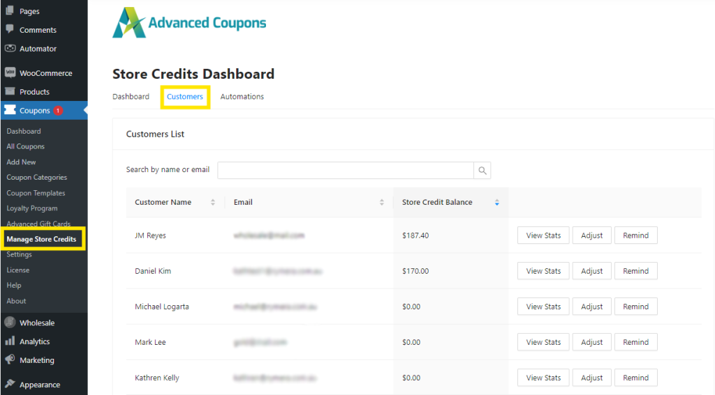 Advanced Coupons store credit dashboard