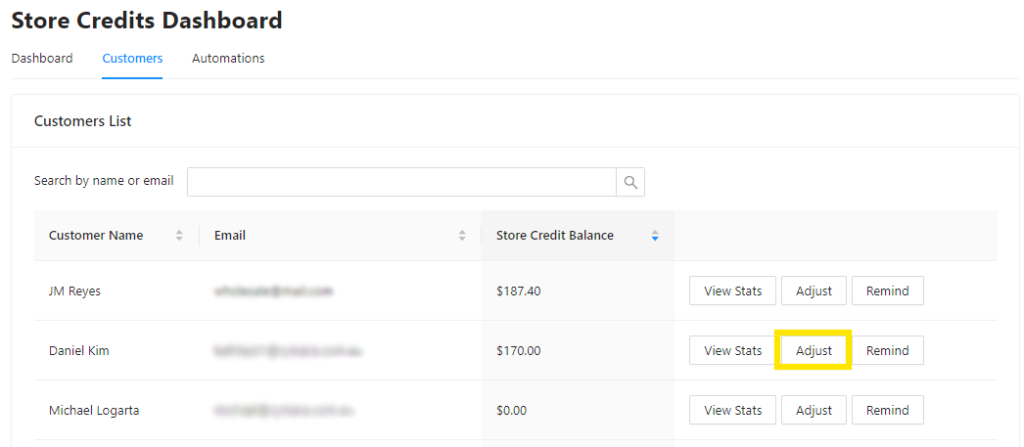 The "Adjust" functionality in Advanced Coupons' Store Credits dashboard