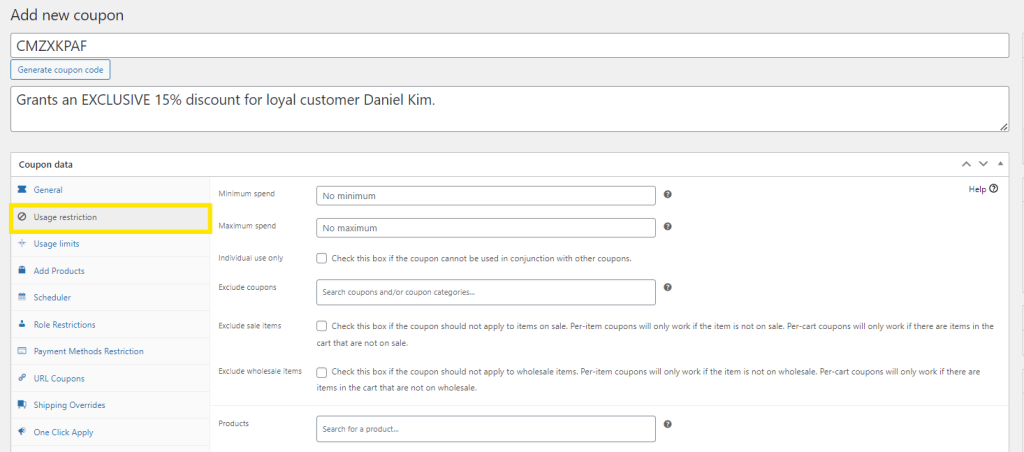 WooCommerce coupon restrictions tab 