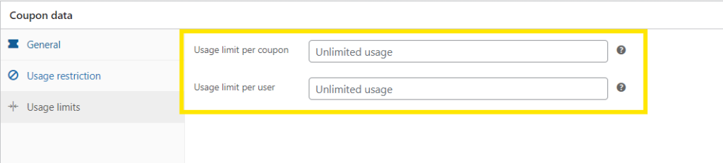 WooCommerce usage limits tab