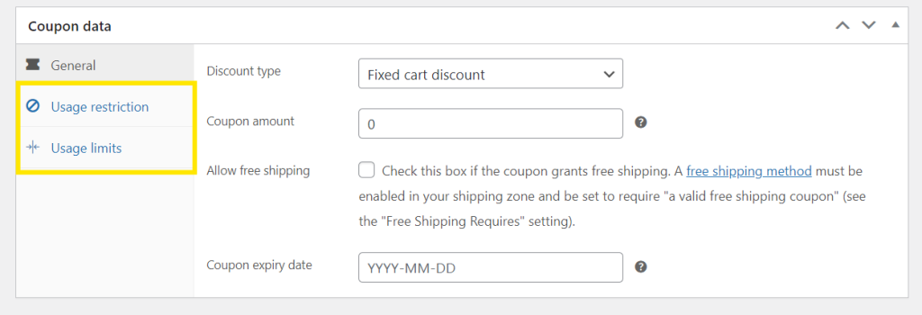 WooCommerce new coupon settings, featuring the general, usage restriction, and usage limits tab.