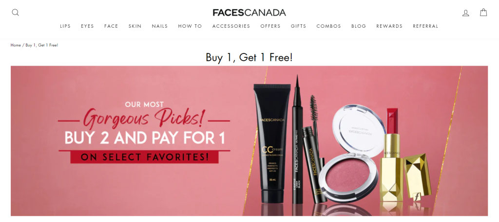 Faces Canada Buy One Get One Offer Sample, featuring makeup products 