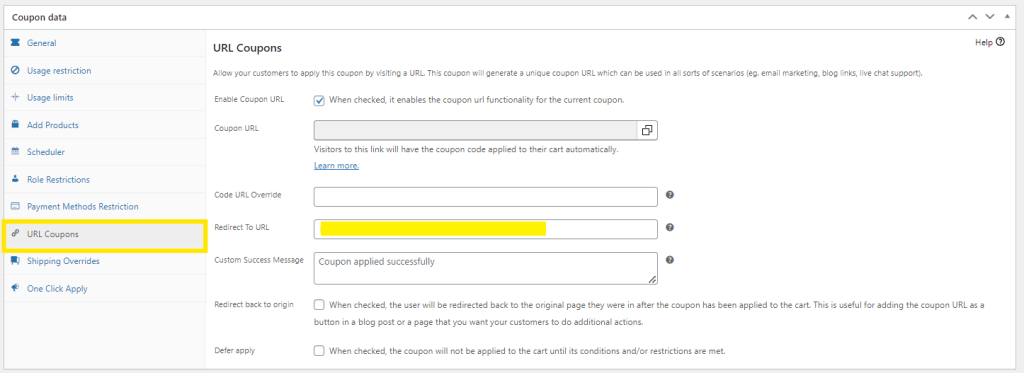 URL coupon settings in Advanced Coupons, showing fields for enabling coupon URLs, setting redirects, and customizing success messages