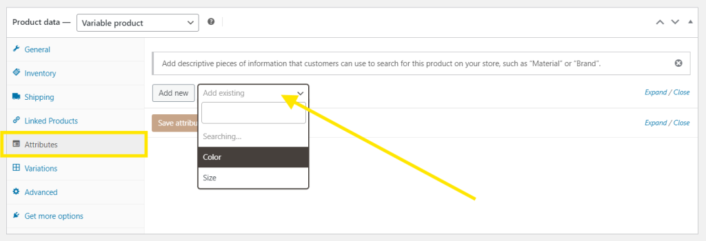 WooCommerce product data section showing how to add existing global attributes (Color and Size)