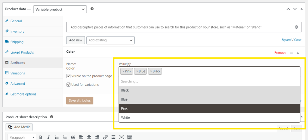 WooCommerce product data section showing the “Color” attribute being configured with values for Pink, Blue, and Black. 