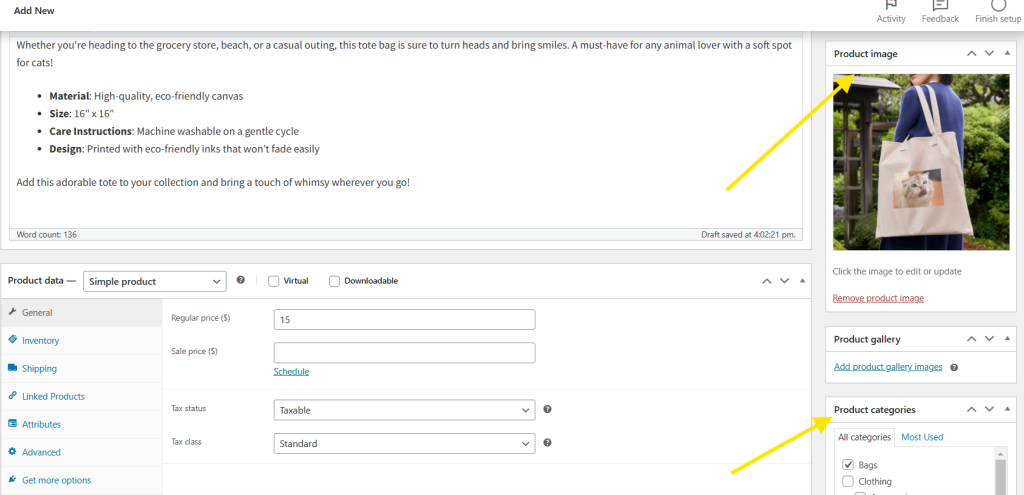 WooCommerce product settings, showing the product image upload area, product categories, and basic product details