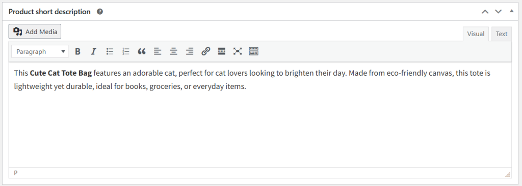 roduct Short Description editor in WooCommerce, displaying a brief description for the Cute Cat Tote Bag, including material and usage. 