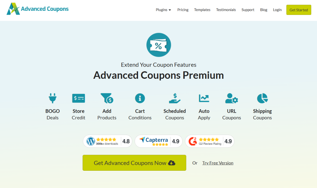 Advanced Coupons banner showcasing features like BOGO deals, store credit, and URL coupons for WooCommerce