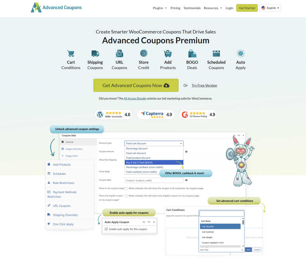 Hero banner for Advanced Coupons Premium with feature icons (Cart, Shipping, URL, Store, Add, BOGO, Scheduled, Auto Apply) and a yellow Get Advanced Coupons Now button against a gradient background; a cropped UI screenshot of coupon settings is visible below.
