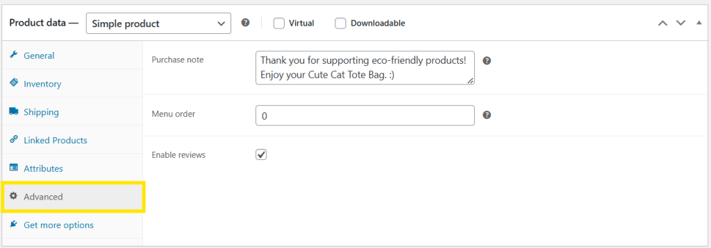 WooCommerce advanced settings for a product, showing fields for purchase notes, menu order, and review settings