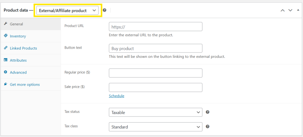 WooCommerce settings for an External/Affiliate Product, with options to add an external URL, button text, and pricing