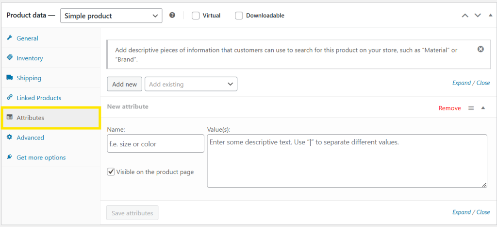 The Attributes tab in WooCommerce, displaying options to add and manage product attributes like size and color