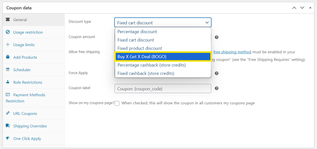 Selecting the Buy X Get X Deal (BOGO) discount type in WooCommerce coupon settings