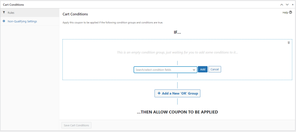 Cart conditions feature in Advanced Coupons, showing options to add condition groups for more targeted coupon applications