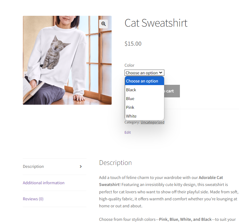 WooCommerce product page showing the Cat Sweatshirt with a dropdown menu for selecting color variations