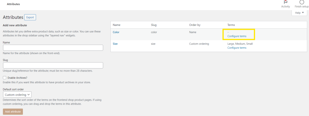 WooCommerce Attributes settings page showing how to configure terms for the “Color” and “Size” attributes. 