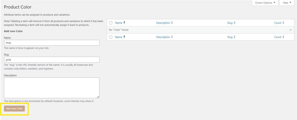 WooCommerce Product Attribute settings page showing how to add a new color attribute term named “Pink” 