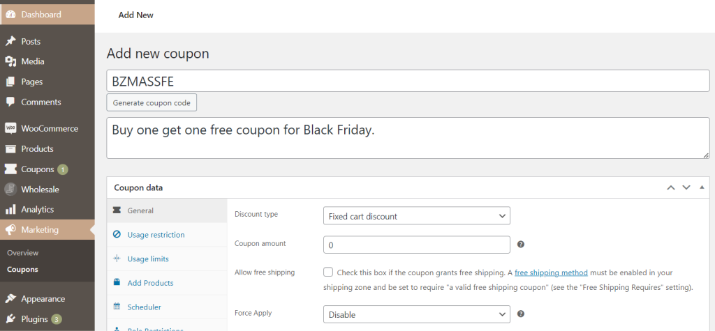 Creating a buy one get one free coupon for Black Friday in WooCommerce dashboard