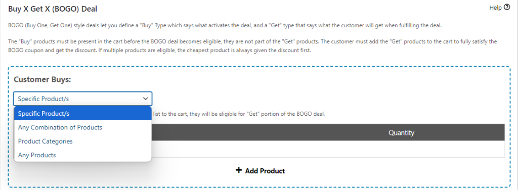 Customer Buys option in Advanced Coupons, featuring options like Specific Products and Product Categories. 