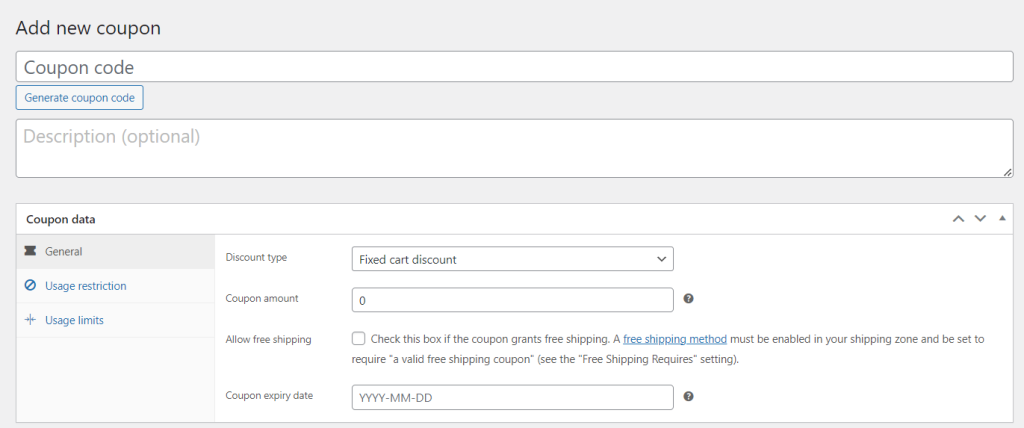 WooCommerce default coupon settings, showing the General, Usage restrictions, and Usage limit tabs. 