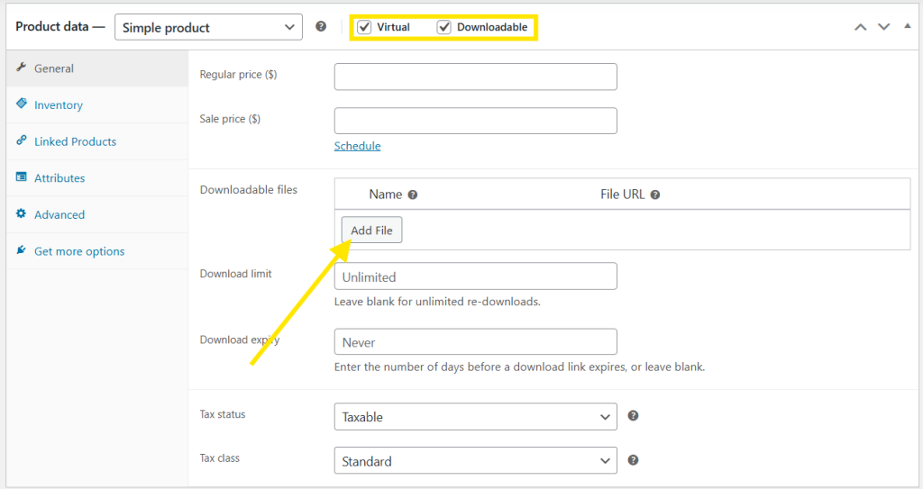 WooCommerce settings for a Downloadable Product, highlighting options to add files, set download limits, and define expiry dates