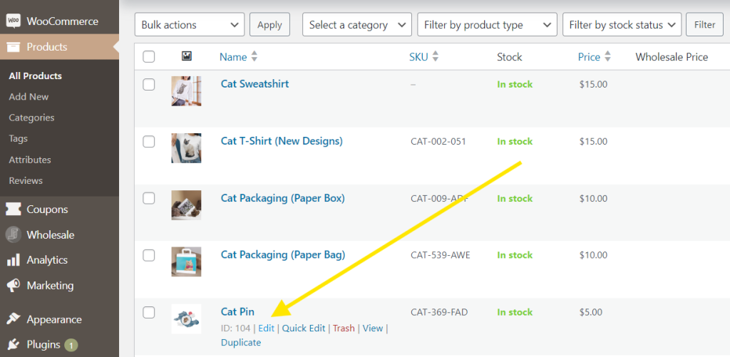 WooCommerce All Products page highlighting the Cat Pin sample product. 