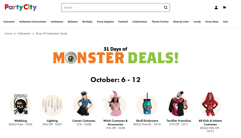 Party City's dedicated Halloween page, featuring costumers in discounted prices 