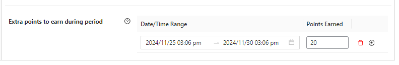 Loyalty program settings showing the configuration for extra points to be earned during a specific date range, with 20 points set for a promotional period in November 2024.