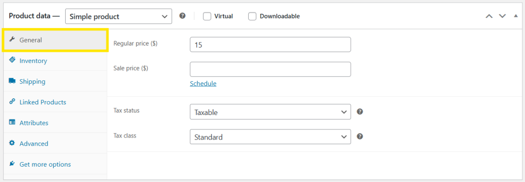 The General tab in WooCommerce, showing fields for setting regular price, sale price, and tax options.